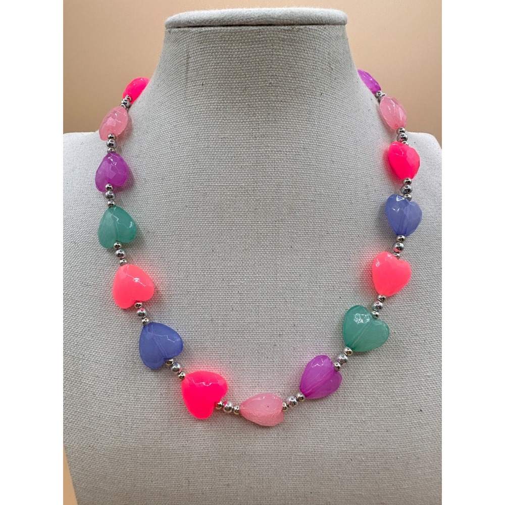 Multicolor Heart Bead Necklace Pink Purple Aqua Silver Tone Coquette Y2K Gift